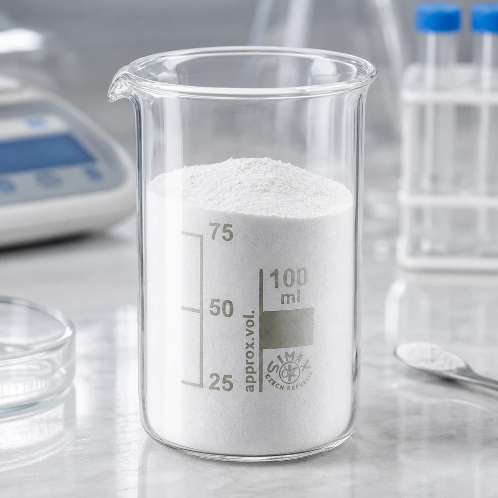 Zlewka 100 ml ze szkła borokrzemowego, wysoka Biały proszek w wysokim zlewce o pojemności 100 ml, wykonanym ze szkła borokrzemowego, stojącym na stole laboratoryjnym