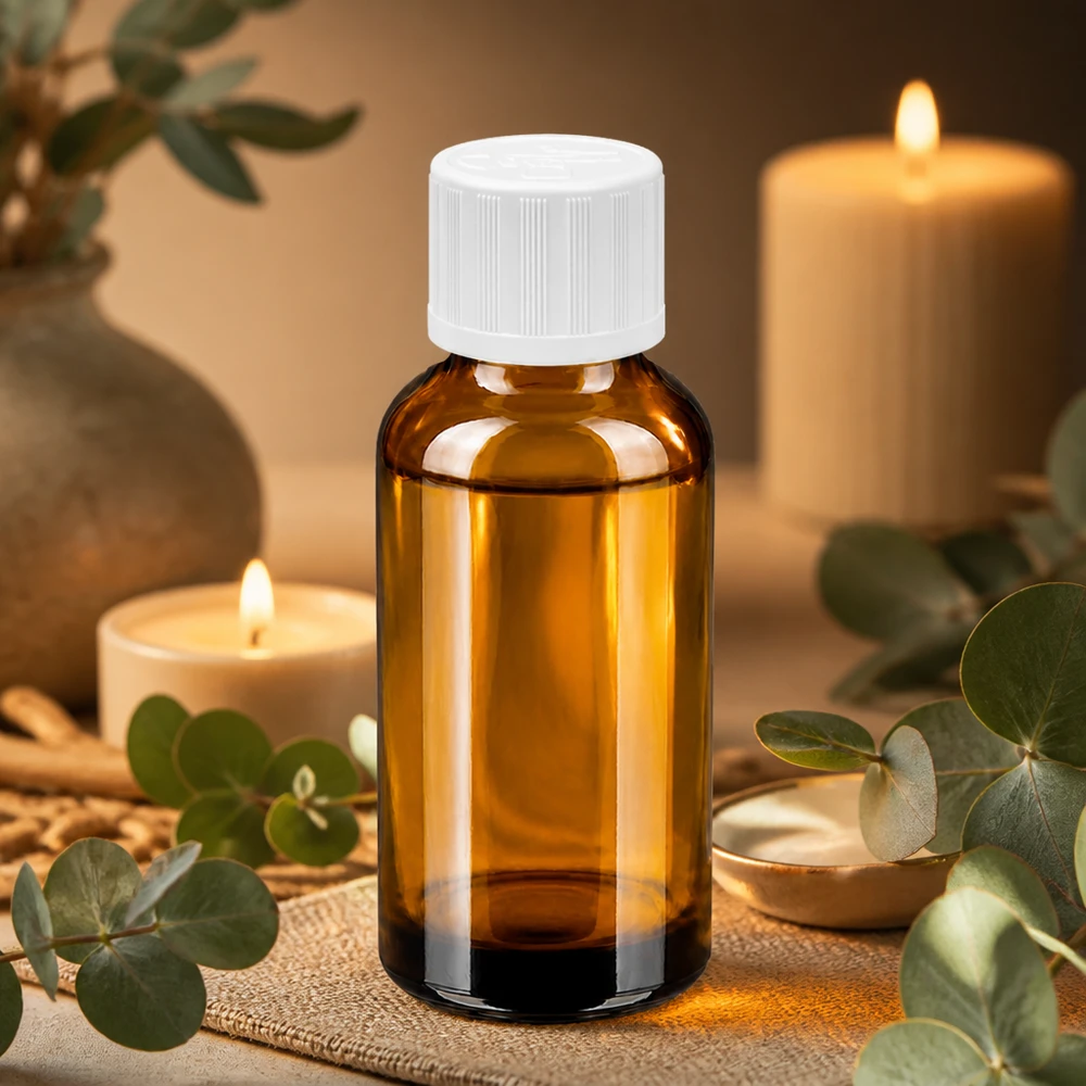 Butelka 30 ml 11 mm SV w. STD KiSi BrownLine UT18/30 30 ml butelka z bursztynowego szkła chroniącego przed promieniowaniem UV z białą nakrętką do aromaterapii