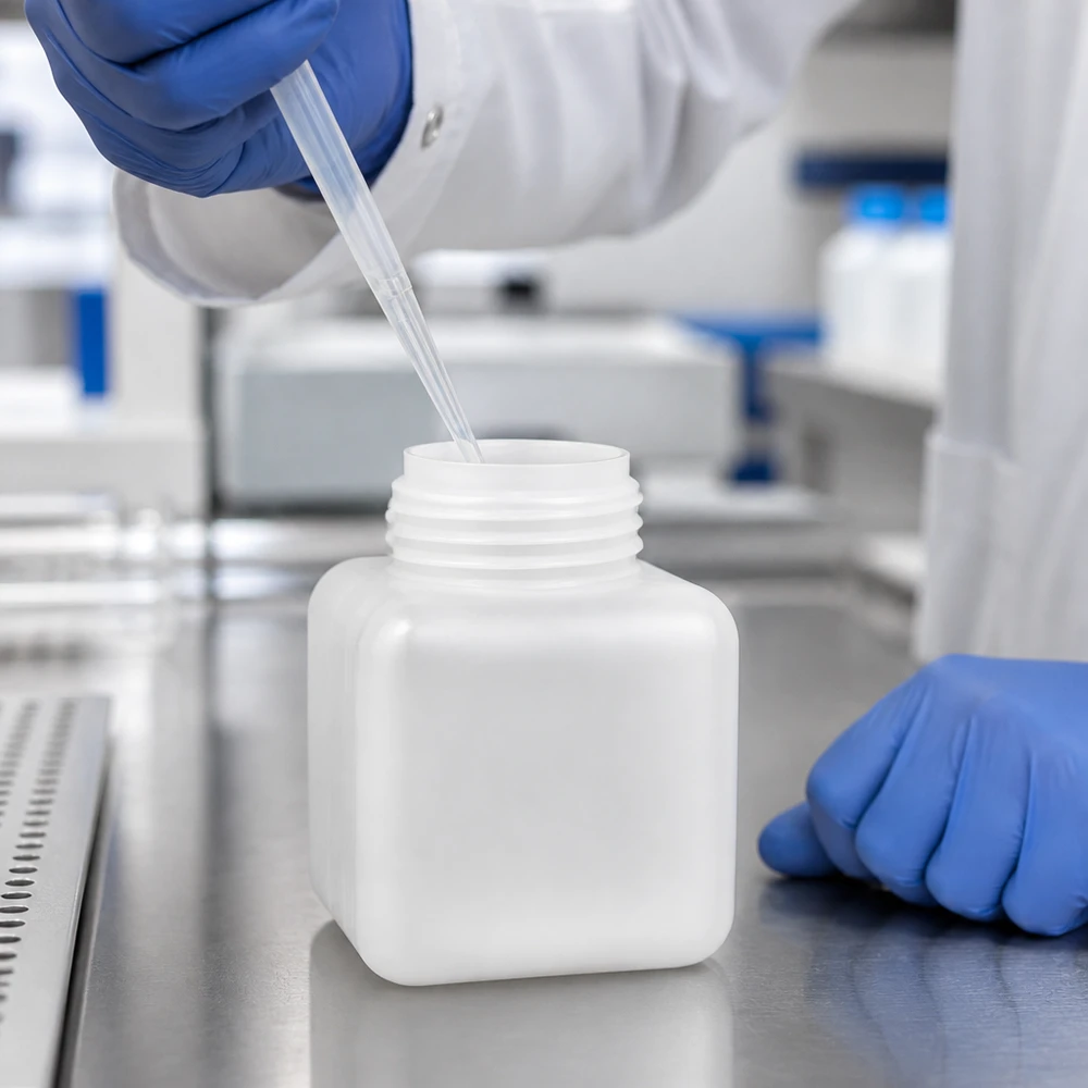 Laborant pipetuje próbkę do butelki z polietylenu wysokogęstościowego (PE-HD) o szerokiej szyjce, o pojemności 500 ml, w kolorze naturalnym, w laboratorium w pomieszczeniu czystym