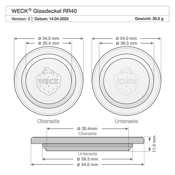 Szklana pokrywka WECK RR40 Rysunek techniczny szklanej pokrywy WECK RR40 o wymiarach 54 mm średnicy i 11 mm wysokości