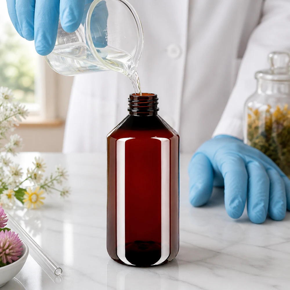 Laborant napełnia przezroczystą cieczą brązową okrągłą butelkę PET o pojemności 750 ml z zakrętką