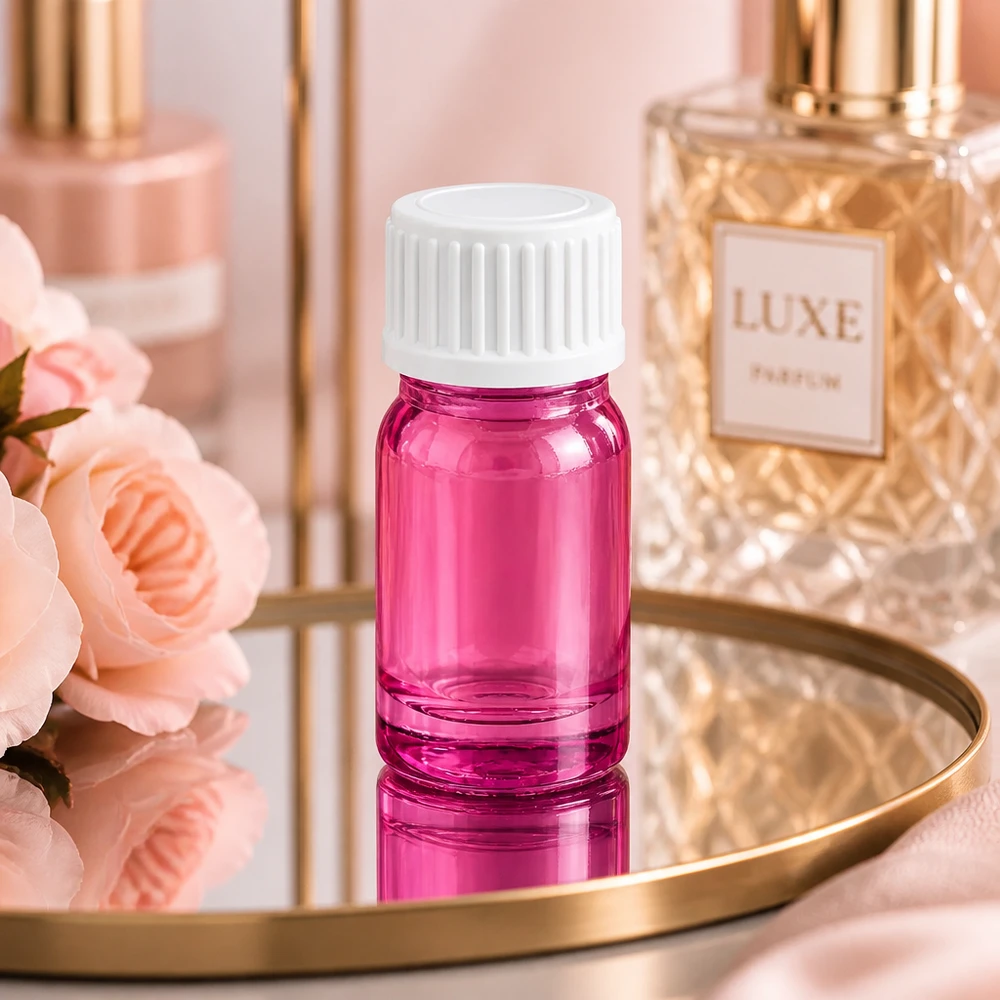 Butelka 5 ml (kuleczka) 3 mm pierścień do nalewania biały standardowy PurpleLine UT18/5 Kompaktowy szklany flakonik o pojemności 5 ml w kolorze różowym z białą pokrywką do mobilnych zastosowań perfumeryjnych i kosmetycznych