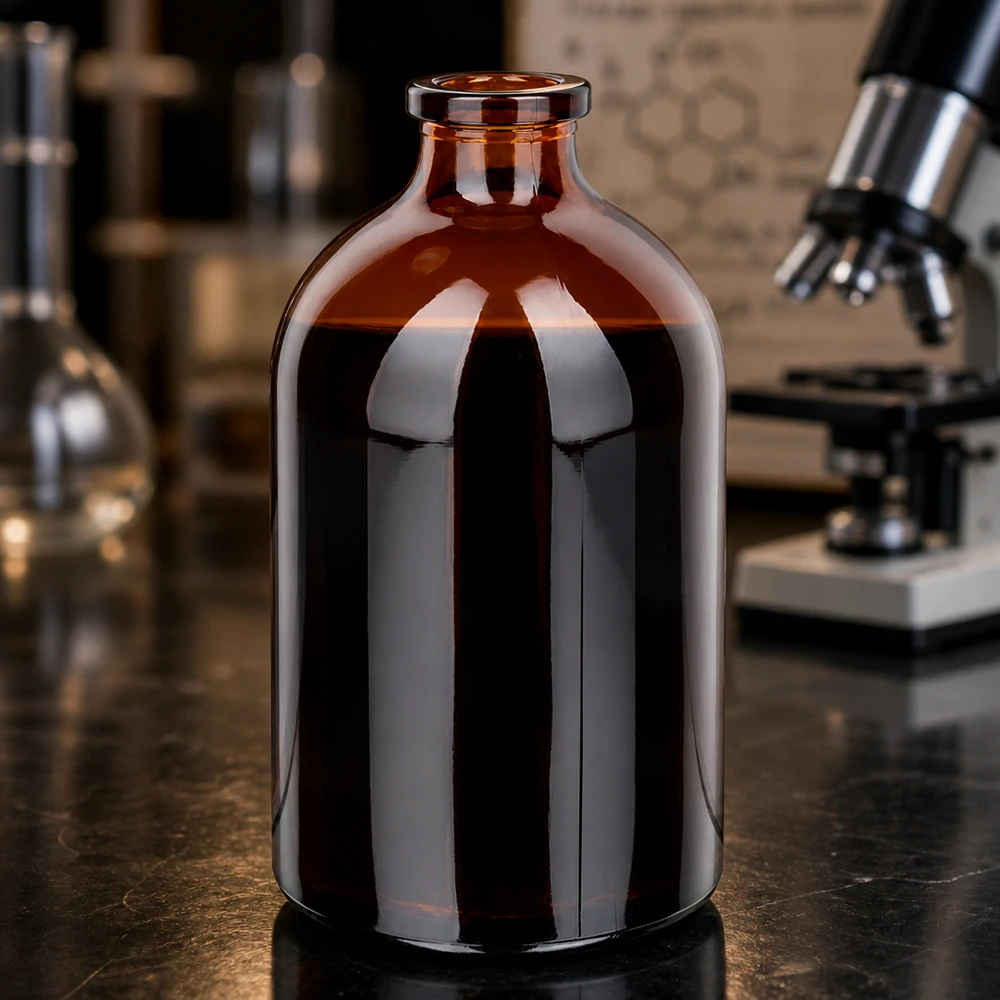 Hochwertige Braunglas Injektionsflasche 100ml mit glänzender Oberfläche auf schwarzer Laborplatte