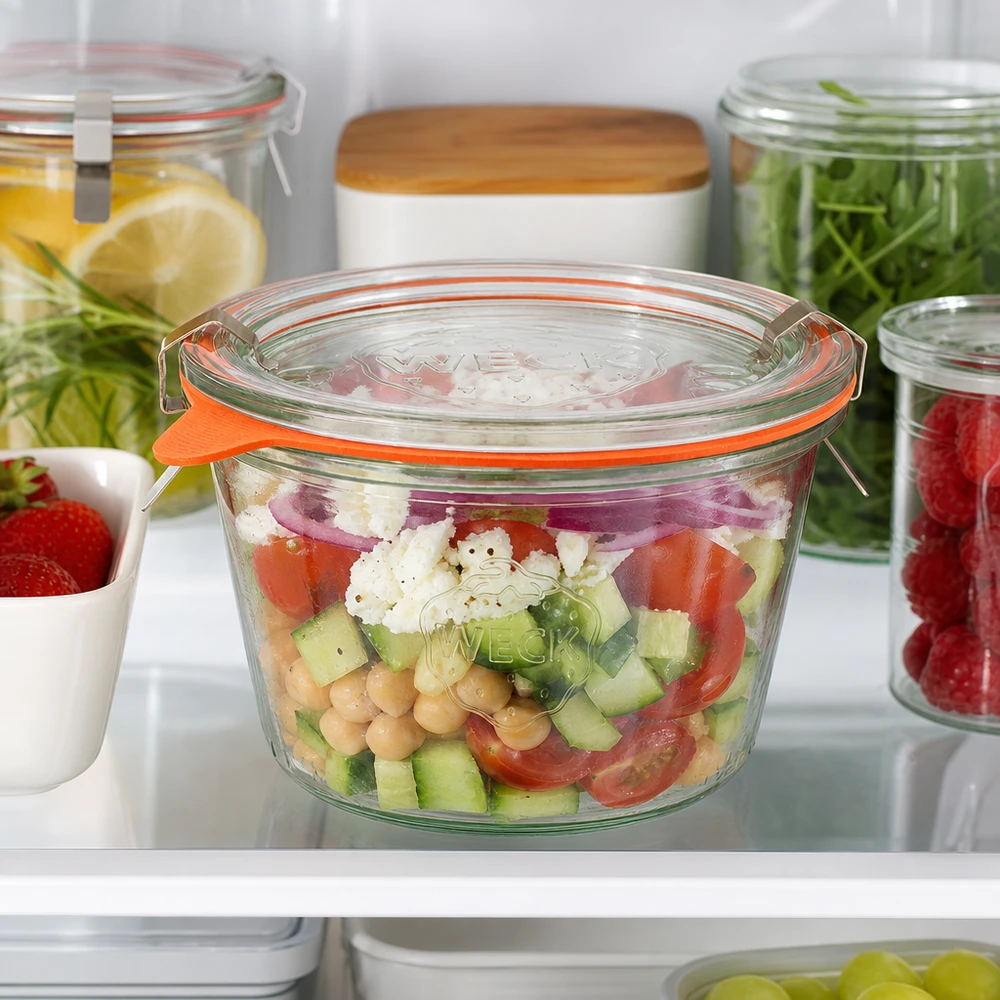 Kubki WECK 370ml RR100 wypełnione świeżą sałatką w lodówce idealnie nadają się do przechowywania posiłków.