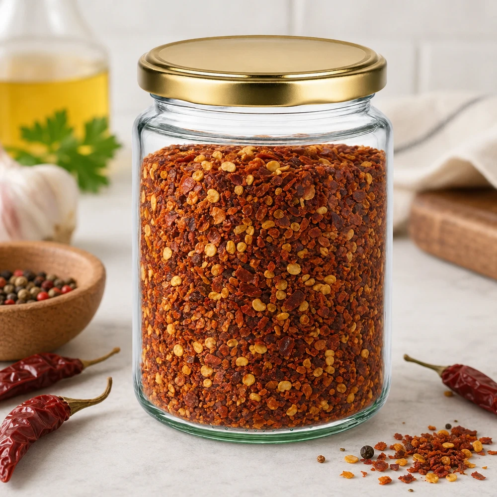 450g Honigglas mit goldenem Deckel BasicSeal UNiTWIST 450 g słoik na miód wypełniony płatkami chili pokazuje wszechstronne zastosowanie słoika BasicSeal do przechowywania przypraw i w kuchni