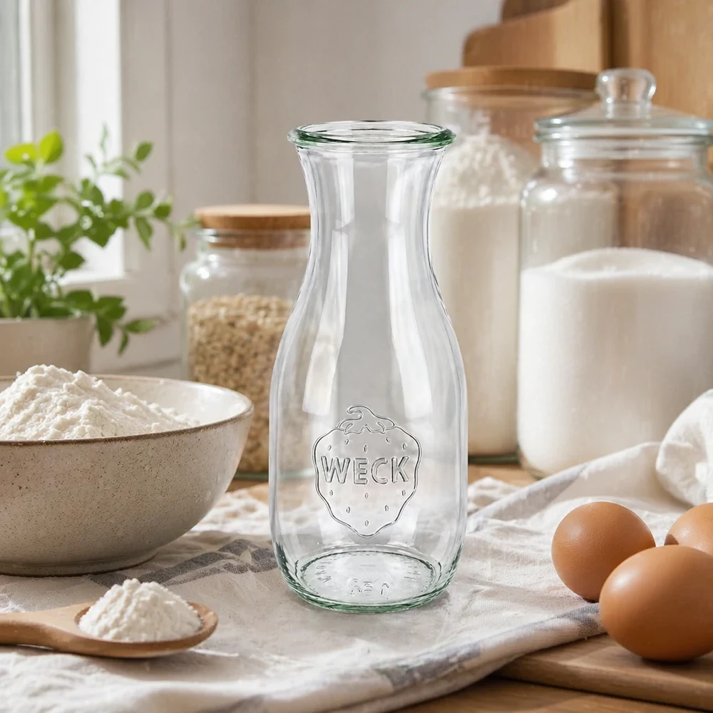 Butelka na sok WECK RR60 o pojemności 530 ml WECK Saftflasche 530ml RR60 leer in natürlicher Küchenszene mit Eiern Mehl und Vorratsgläsern für Backen kochen