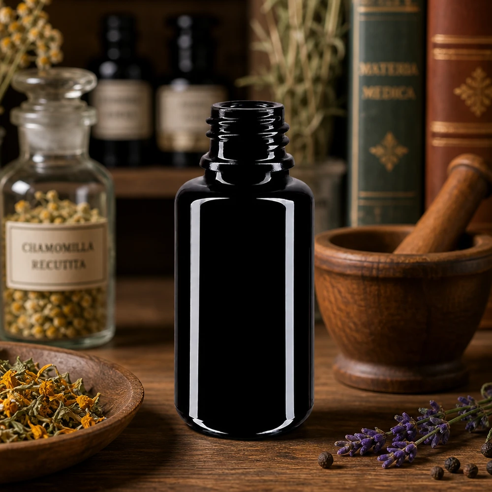 Butelka z fioletowego szkła 20ml DIN 18 (Mironglas) Kompaktowa butelka z zakraplaczem Orion o pojemności 20 ml wykonana z fioletowego szkła Miron do zastosowań w aromaterapii
