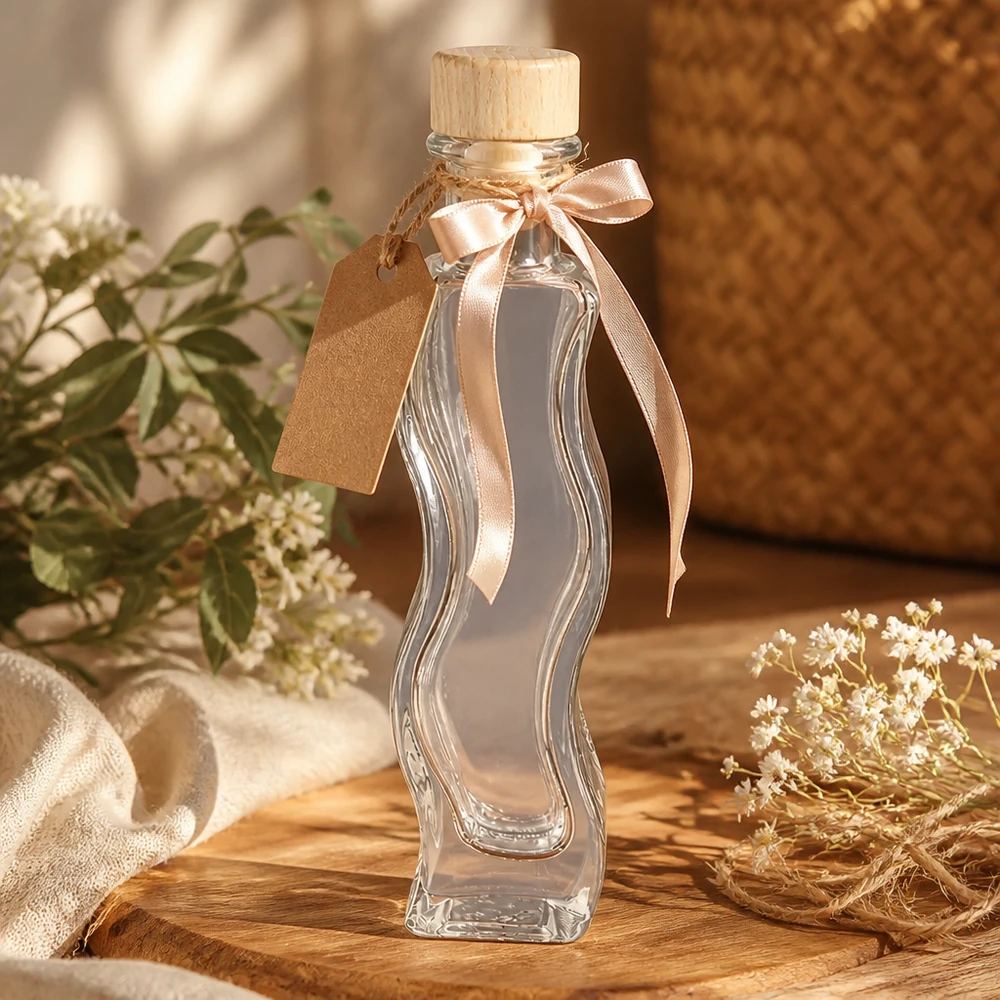 100ml szklana butelka Melissa na prezent ozdobiona różową kokardką z papieru pakowego drewniany korek naturalna dekoracja