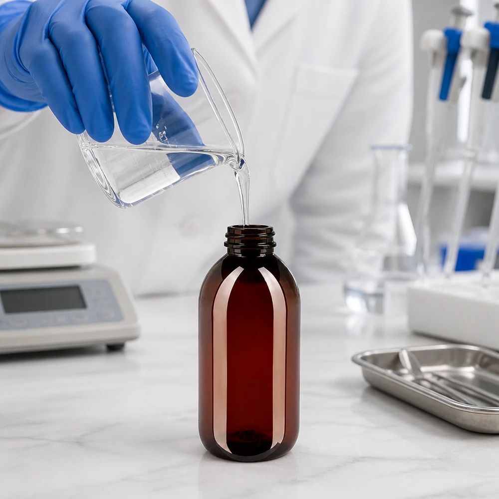 Laborantka napełnia przezroczystą cieczą brązową butelkę PET o pojemności 250 ml z zakrętką