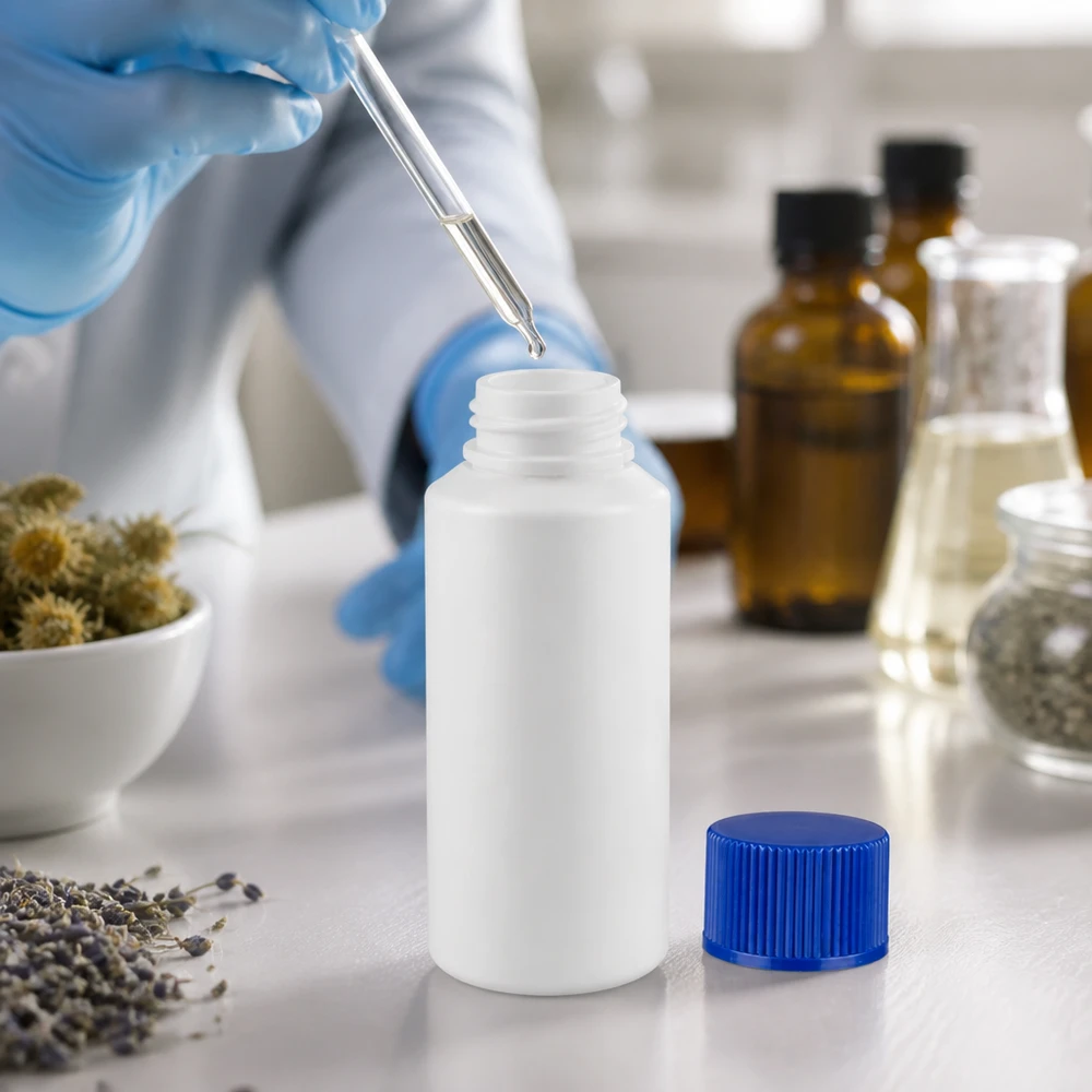 Butelka apteczna HDPE 30ml biała, z niebieskim SV Biała okrągła butelka z HDPE o pojemności 30 ml z niebieską zakrętką w laboratorium farmaceutycznym