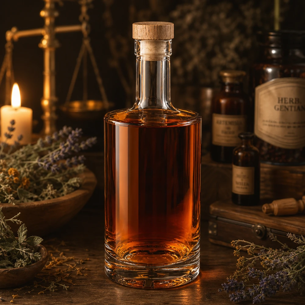 500ml szklana butelka Nora z likierem ziołowym bursztynowy drewniany korek UNiTWIST apothecary ambience świeca lawendowa