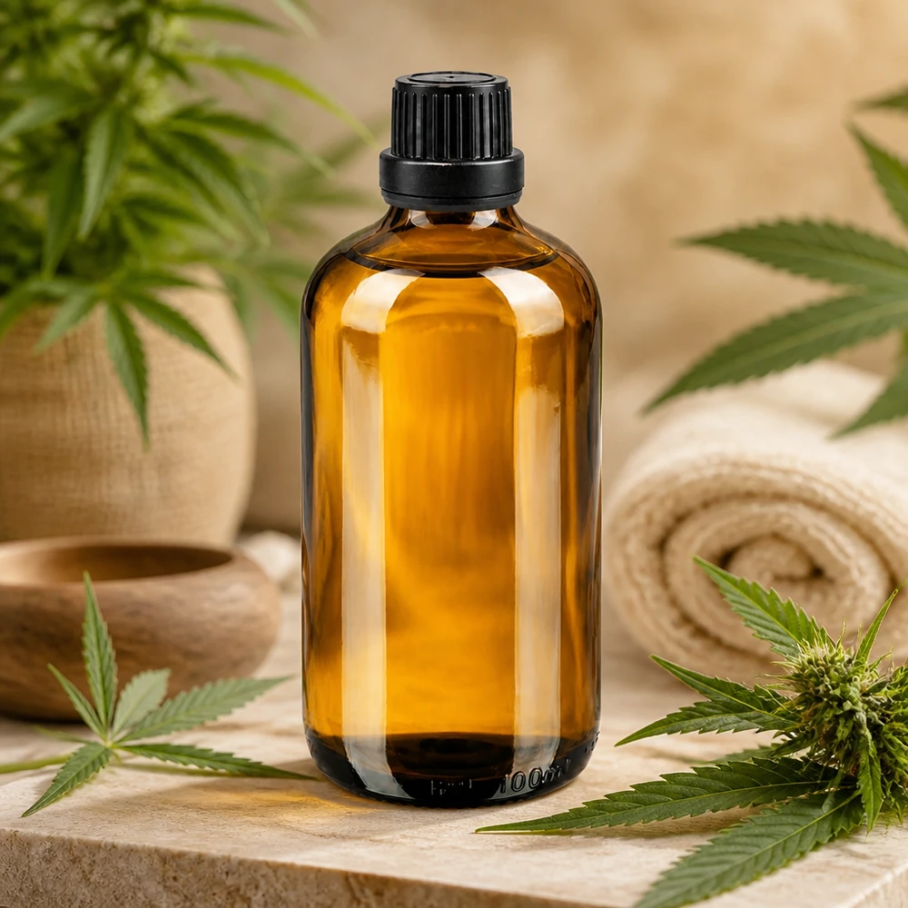 Butelka apteczna brązowa 100ml drip v. Pr 2mm czarny OV Butelka z kroplomierzem o pojemności 100 ml z brązowego szkła z czarną nakrętką OV, umieszczona wśród liści konopi na kamiennym tle