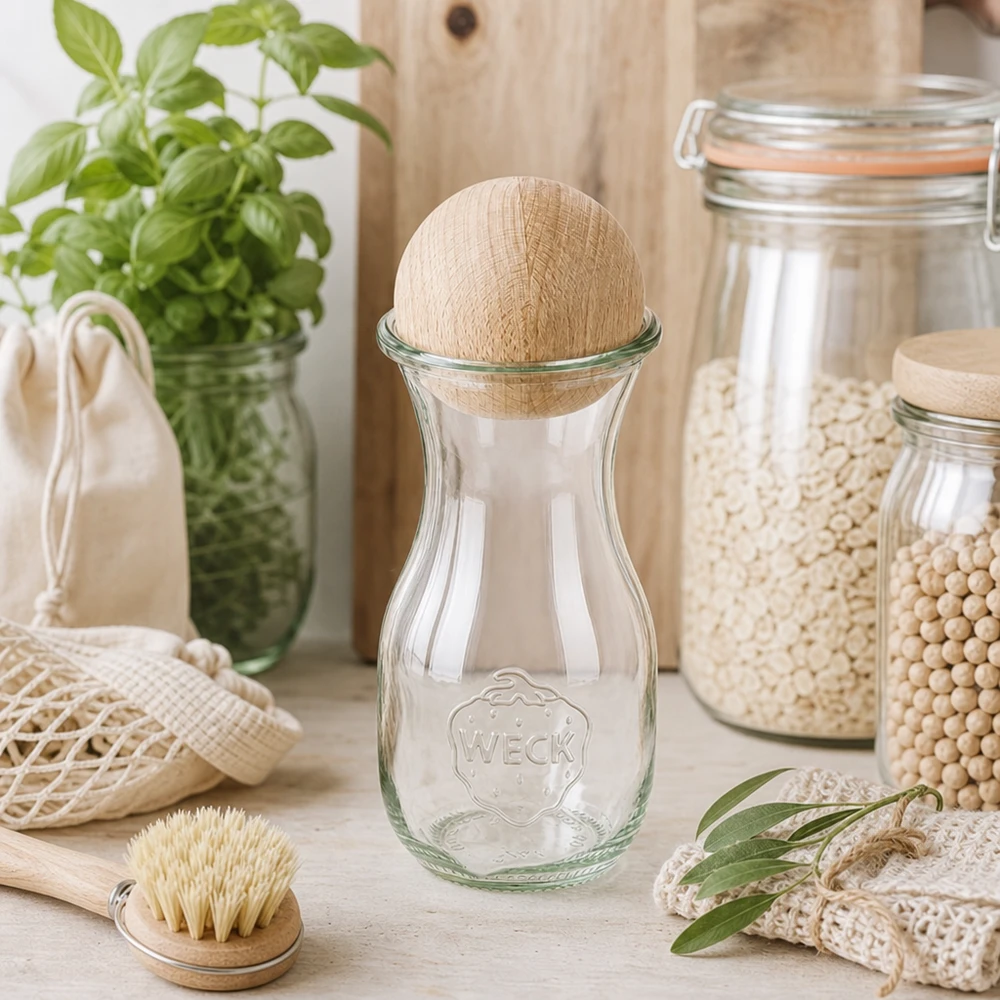 Butelka na sok 290 ml WECK RR60 z drewnianą kulką buk Butelka na sok WECK 290 ml RR60 z drewnianą kulką w zrównoważonej kuchni bez odpadów między słoikami do przechowywania a naturalnymi materiałami