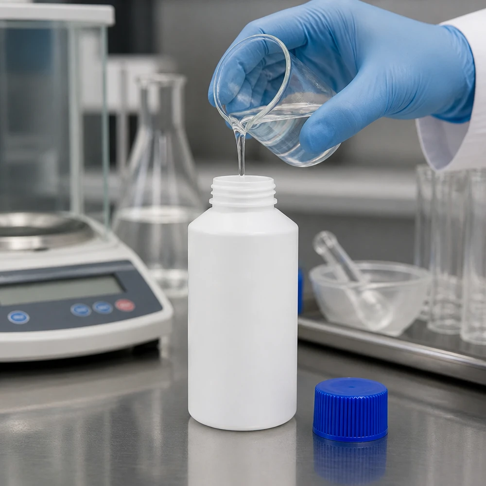 Laborant wlewa przezroczysty płyn do białej butelki aptecznej o pojemności 50 ml, wykonanej z HDPE, z niebieską nakrętką
