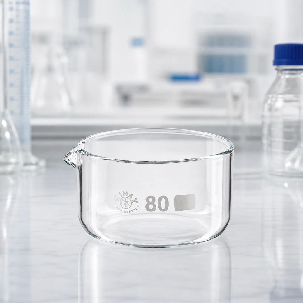 Pusta miska krystalizacyjna o pojemności 150 ml z wylewką, przeznaczona do profesjonalnych laboratoriów, średnica 80 mm, SIMAX