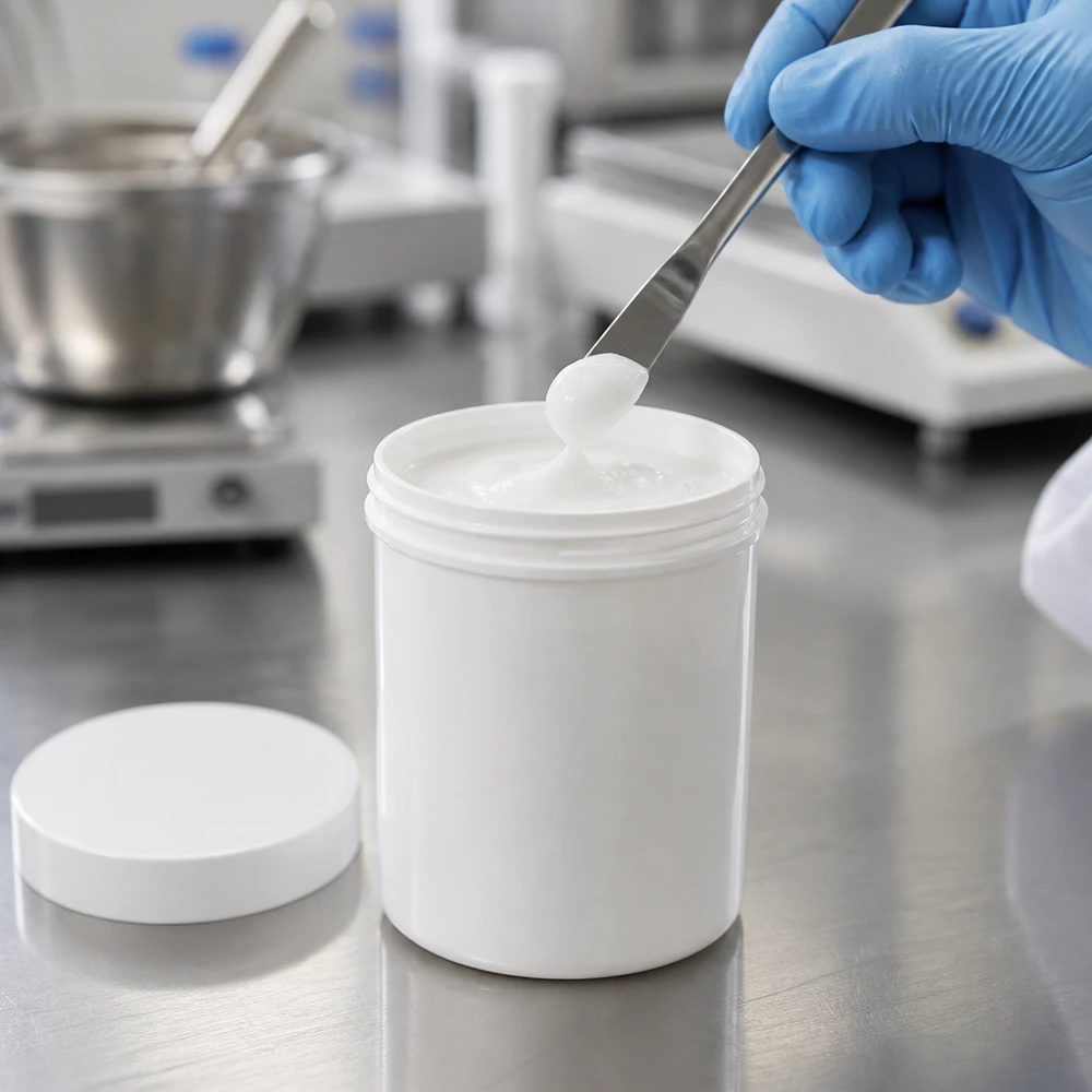Słoik na maść 75g biały z białą zakrętką (PP) Laborant pobiera białą maść z 75-gramowego słoika z polipropylenu (PP) z zakrętką