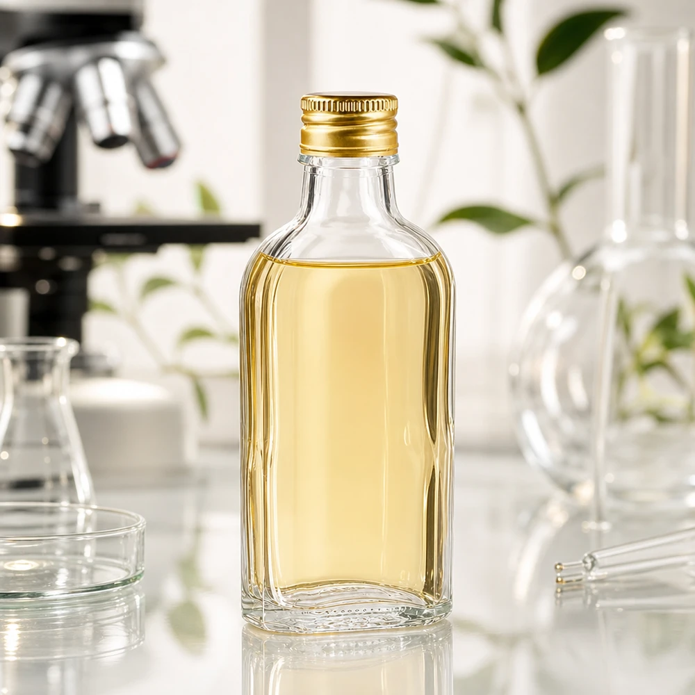 Przezroczysta butelka Meplat o pojemności 100 ml ze złotym zakrętkiem PP22 w laboratorium naukowym