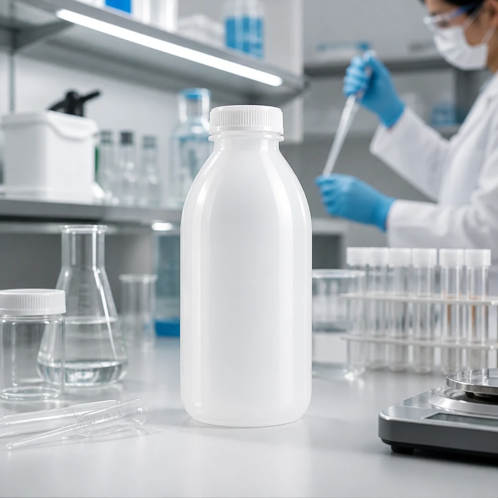 Biała, nieprzezroczysta butelka laboratoryjna o wąskiej szyjce, o pojemności 500 ml, bez zamknięcia, przed kolbami Erlenmeyera i probówkami