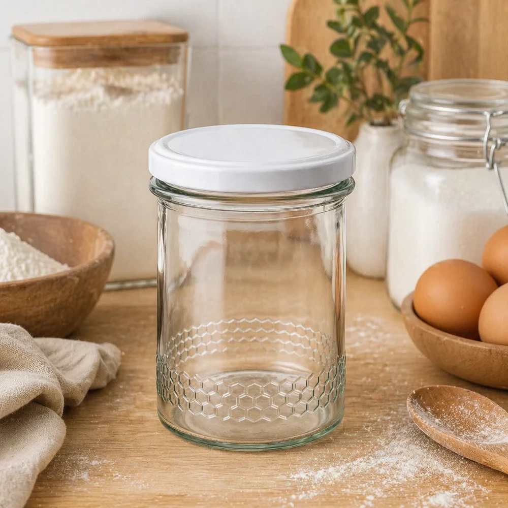 560g Honigglas + BasicSeal Deckel weiß UNiTWIST 400ml słoik na miód z wzorem plastra miodu w kuchni obok jajek, mąki i słoików do przechowywania naturalny sprzęt kuchenny BasicSeal