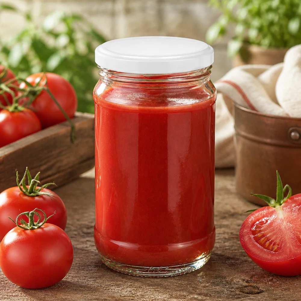 Okrągła szklanka UNiTWIST o pojemności 370 ml z białą pokrywką BasicSeal, wypełniona sosem pomidorowym, otoczona świeżymi pomidorami