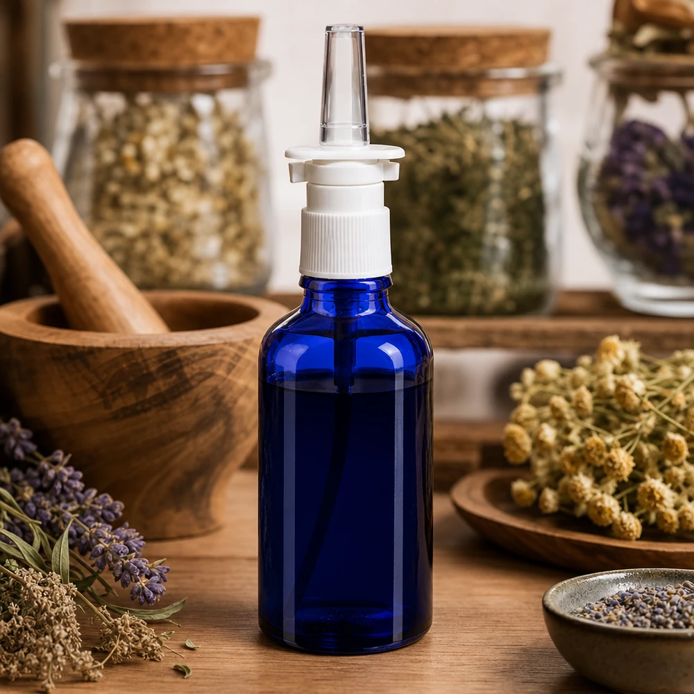 Butelka apteczna niebieska 50ml atomizer do nosa biały St Niebieska butelka z atomizerem o pojemności 50 ml, przeznaczona do stosowania farmaceutycznego, z ziołami i akcesoriami do medycyny naturalnej w tle