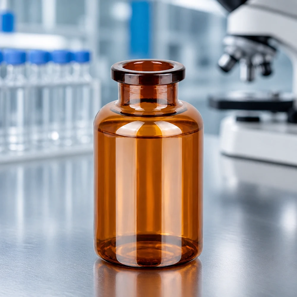 Butelka iniekcyjna z bursztynowego szkła 20 ml Pharmazeutische Braunglas Injektionsflasche 20ml mit flachem Boden und breitem Körper