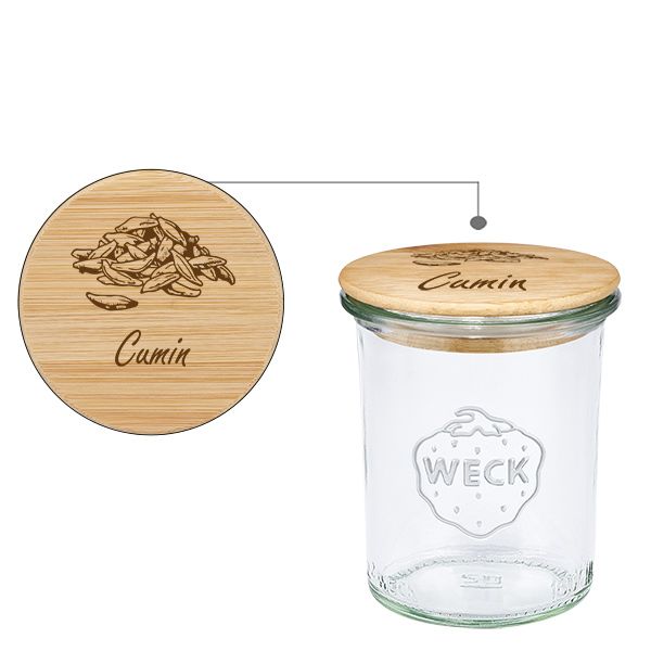 Drewniana pokrywka „Kminek” z szklanym słoikiem WECK 160 ml Drewniana pokrywka „Kminek” z szklanym słoikiem WECK 160 ml