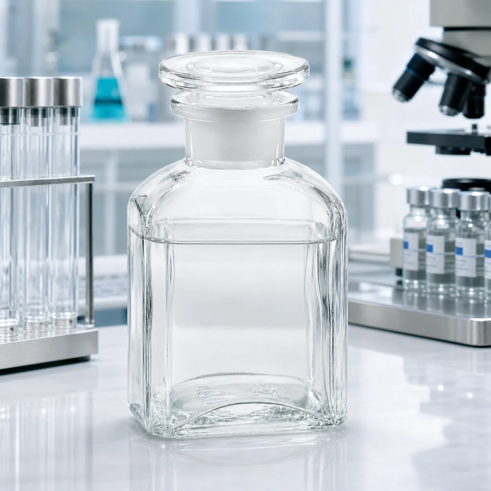 Prostokątna butelka laboratoryjna o pojemności 150 ml, wykonana z przezroczystego szkła, z szerokim otworem i szlifowanym korkiem