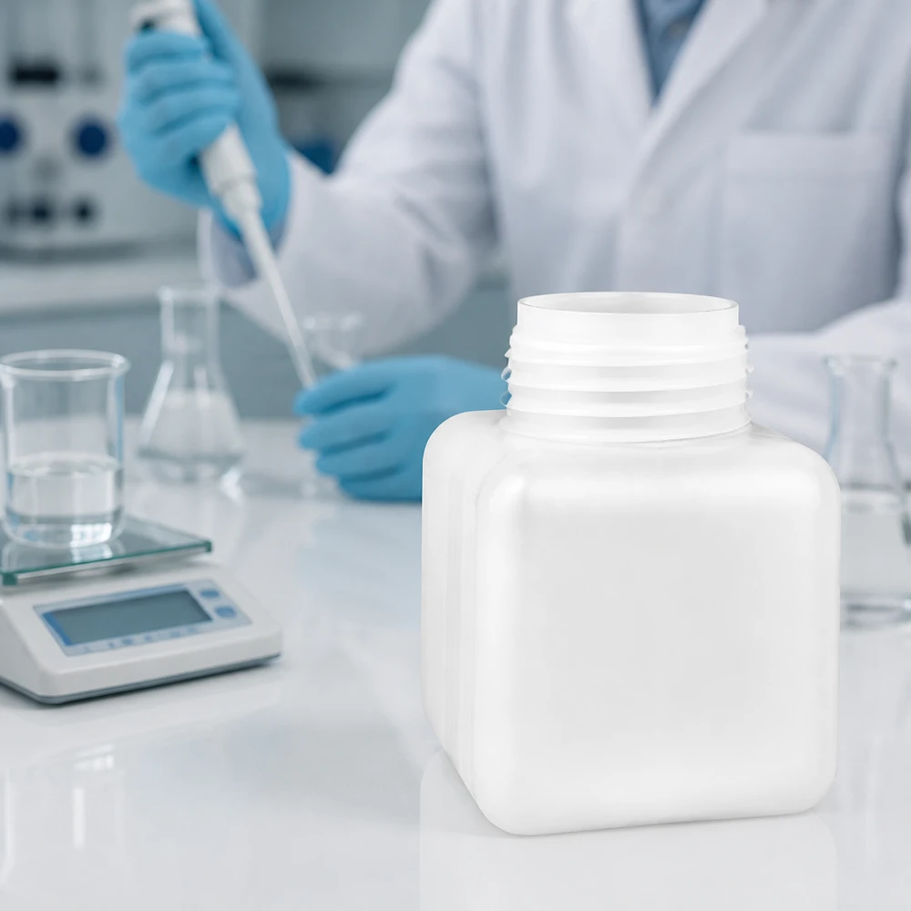 Butelka na chemikalia 500ml, szeroka szyjka z PE-HD, kolor naturalny, GL 65 Butelka na chemikalia o pojemności 500 ml, z polietylenu HD w kolorze naturalnym, z szeroką szyjką, stojąca na wadze laboratoryjnej obok kolby Erlenmeyera