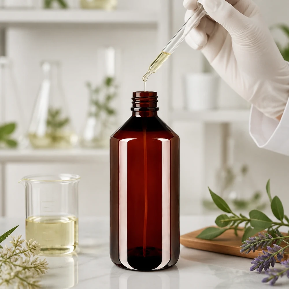 Laborant wlewa olejek eteryczny pipetą do bursztynowej butelki PET o pojemności 1000 ml