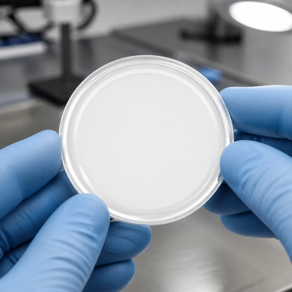 Widok laboratoryjny białej pokrywki BasicSeal TO58 UniTwist o średnicy 58 mm, trzymanej w niebieskiej rękawicy ochronnej