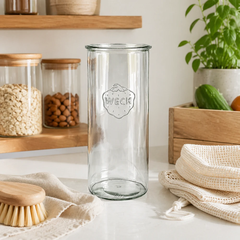 Słoik WECK RR100 o pojemności 1500 ml w nowoczesnej kuchni z drewnianymi półkami i zrównoważonymi produktami