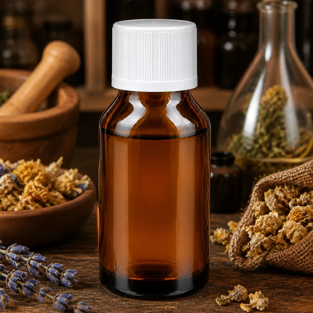 Butelka apteczna brązowa 30ml z kroplomierzem biała KiSi St Brązowa szklana buteleczka o pojemności 30 ml z białym zamknięciem zabezpieczającym, z suszonymi ziołami i lawendą w środku