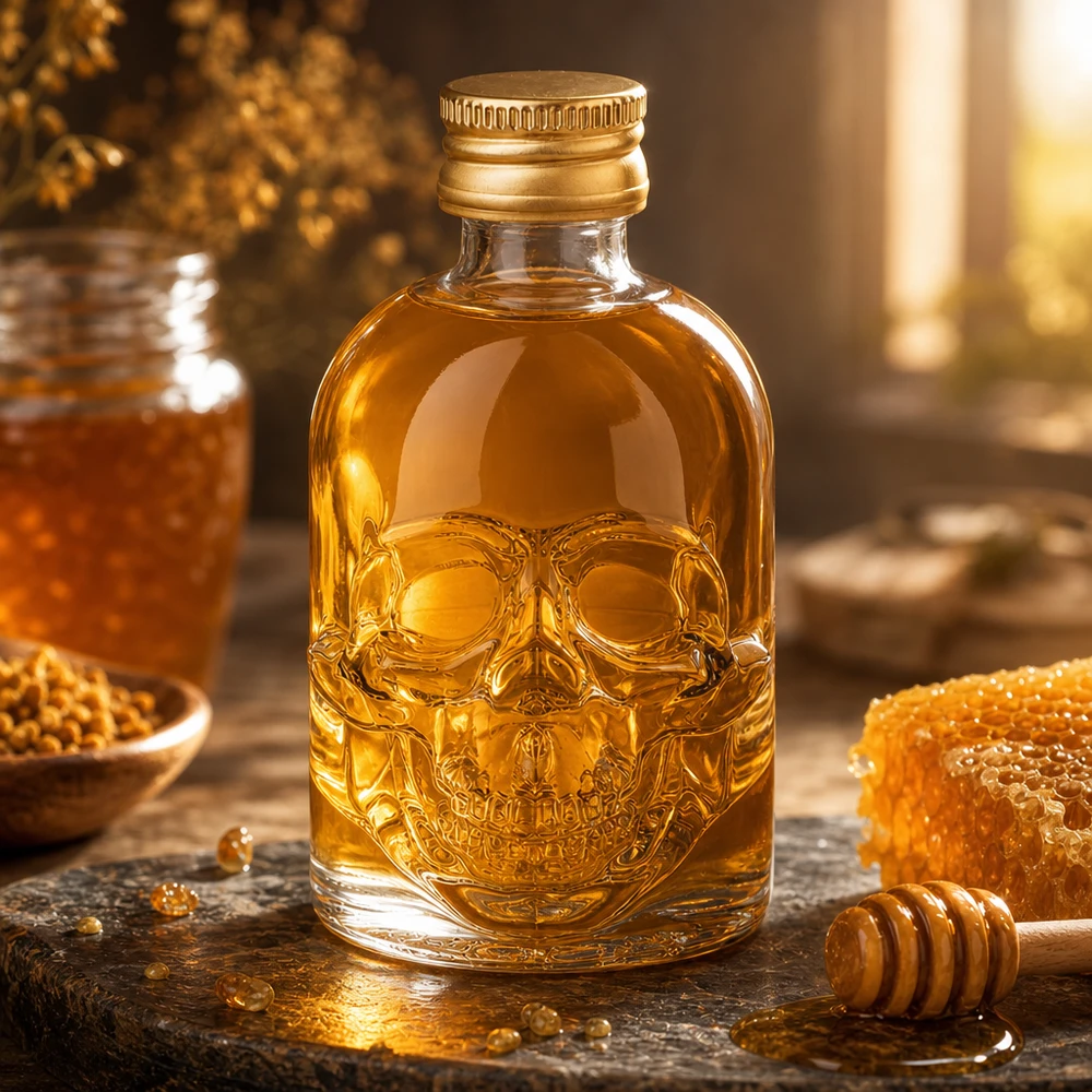 Szklana butelka Hector 50ml z wytłoczoną czaszką wypełniona miodem obok plastra miodu i łyżki miodu w ciepłej kuchni
