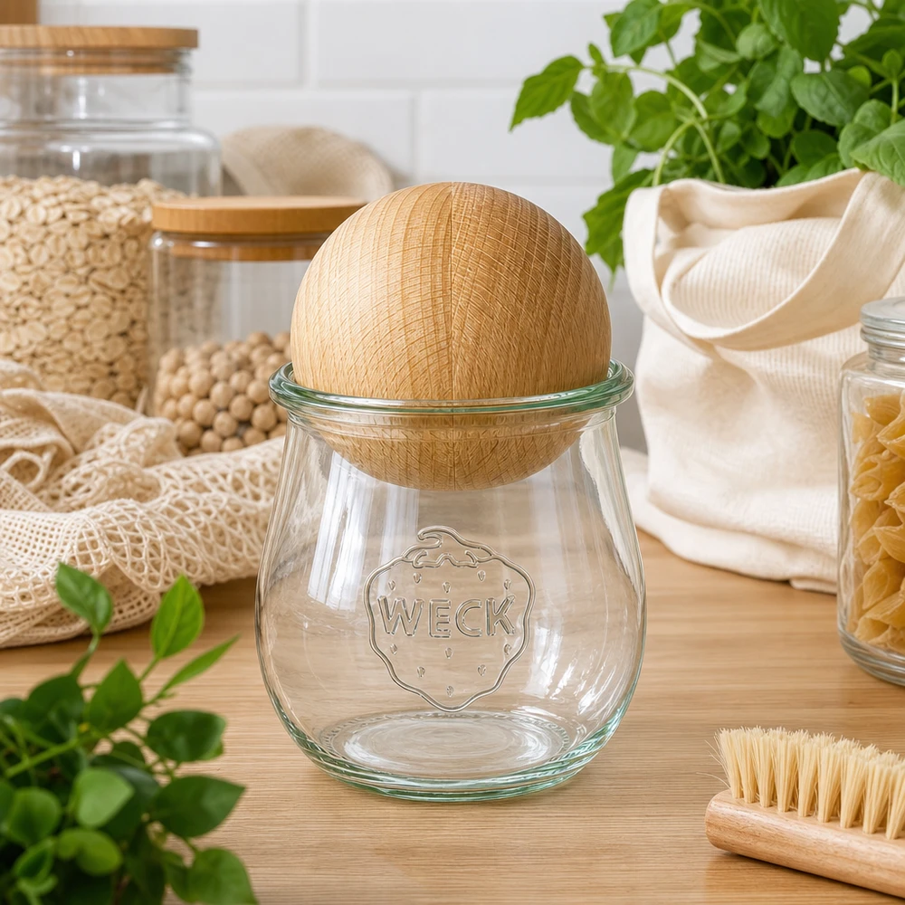 220ml słoik tulipan WECK RR60 z drewnianą kulką buk WECK Tulpenglas RR60 220ml mit Buchenholzkugel in nachhaltiger Zero-Waste Küche neben Naturfasern und Kräutern