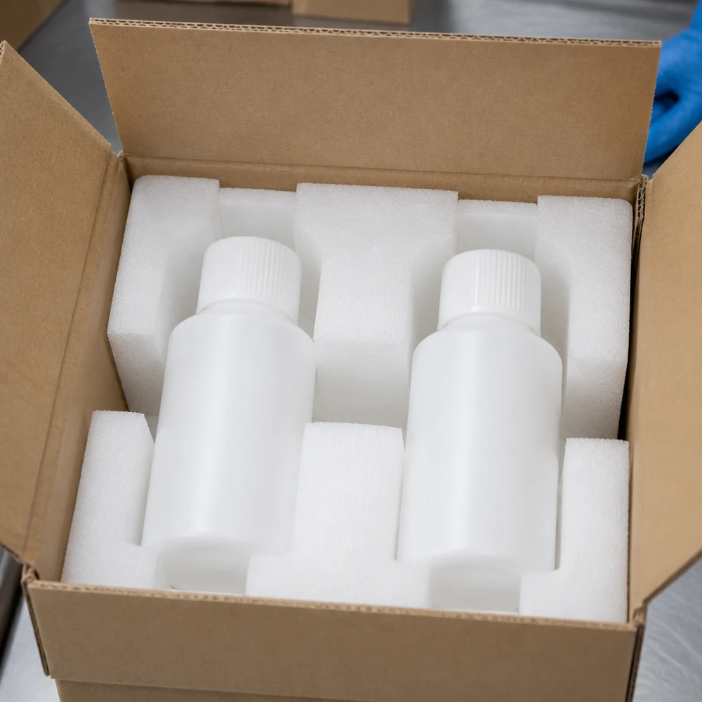 Butelka apteczna HDPE 50ml biała, z białym SV Kilka białych buteleczek aptecznych z HDPE o pojemności 50 ml z zamknięciem zabezpieczającym, bezpiecznie zapakowanych w wkładkę z pianki