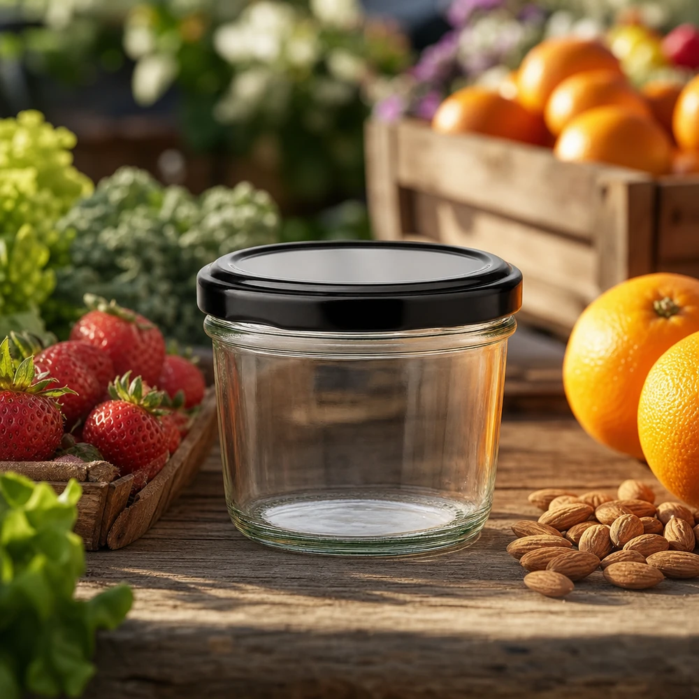 Pusty szklany słoik o pojemności 230 ml z czarną pokrywką między świeżymi owocami i orzechami pokazuje naturalne możliwości zastosowania.