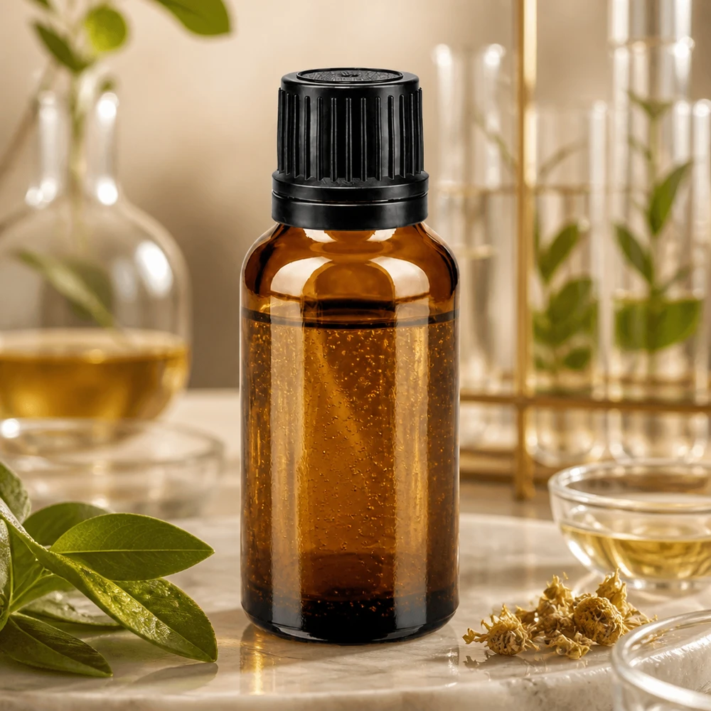 Szklana buteleczka o pojemności 20 ml w kolorze bursztynowym z czarnym zamknięciem zabezpieczającym przed manipulacją o średnicy 8 mm, przeznaczona do produktów farmaceutycznych