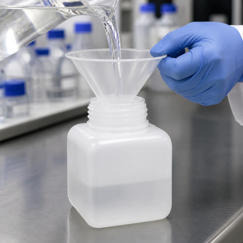 Butelka na chemikalia 250 ml, z szeroką szyjką, z PE-HD, w kolorze naturalnym Laborant wlewa przez lejek przezroczysty płyn do butelki z PE-HD o szerokiej szyjce o pojemności 250 ml w kolorze naturalnym