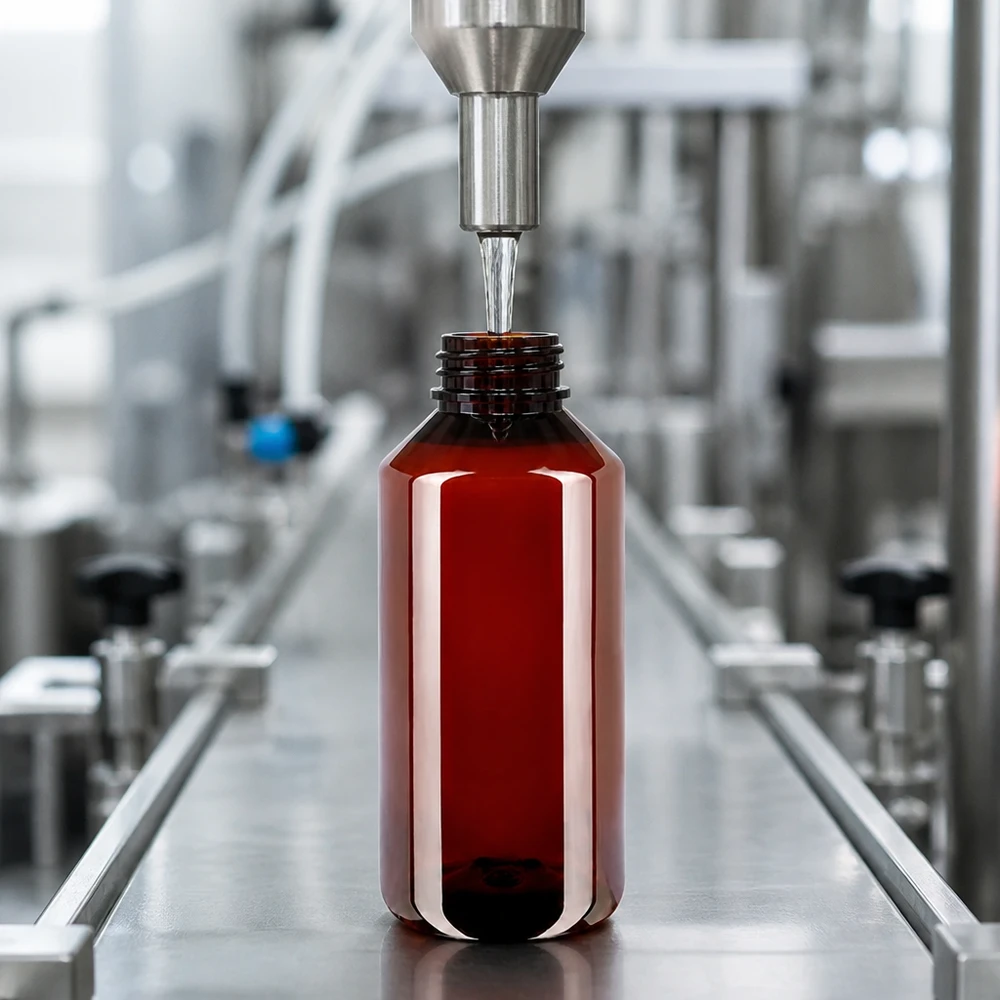 Butelka PET 1000 ml z białym standardem OV Rozlewanie do brązowych butelek PET o pojemności 1000 ml z białą etykietą na przemysłowym przenośniku taśmowym
