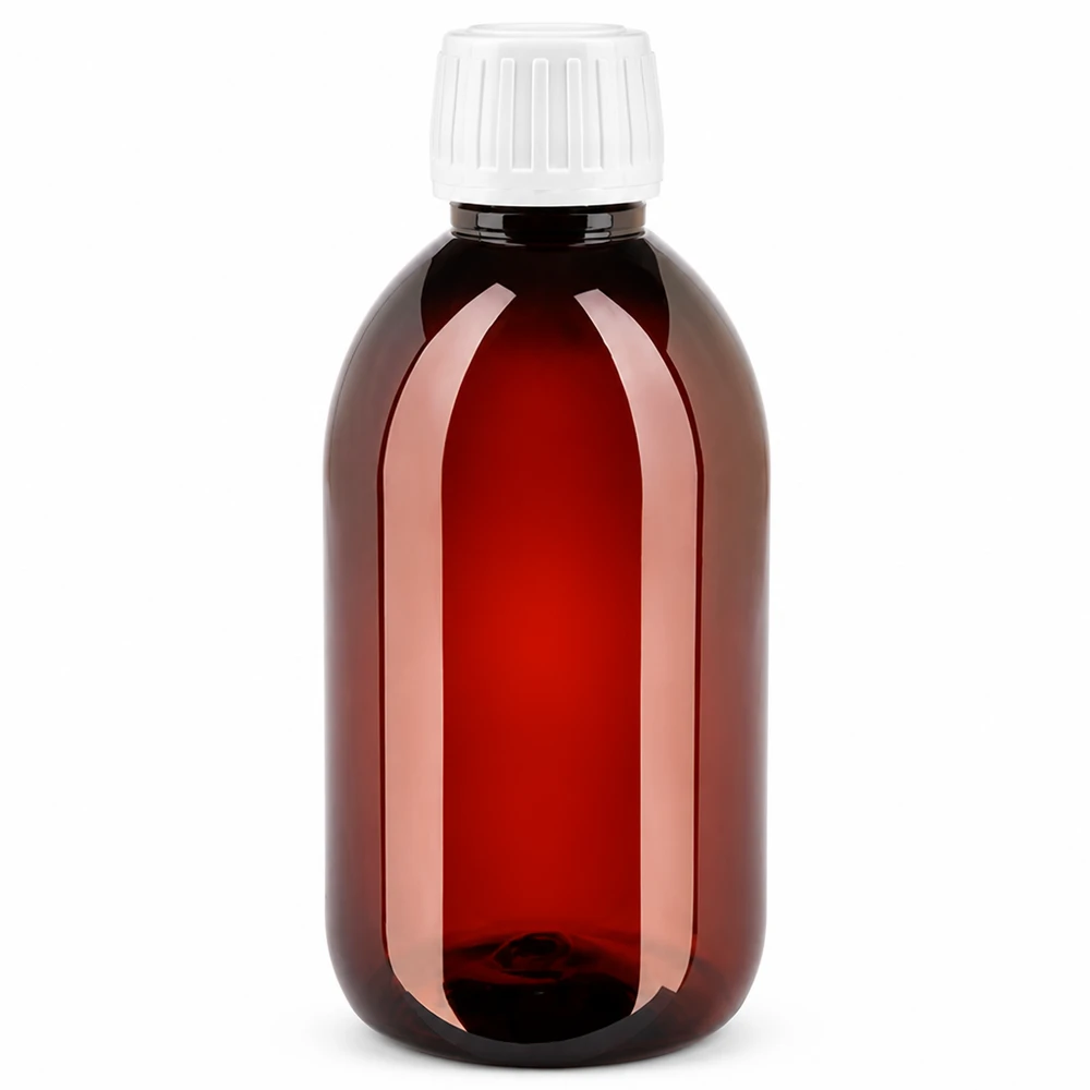 Brązowa butelka PET o pojemności 250 ml z białym zamknięciem zabezpieczającym, przeznaczona dla branży farmaceutycznej i kosmetycznej