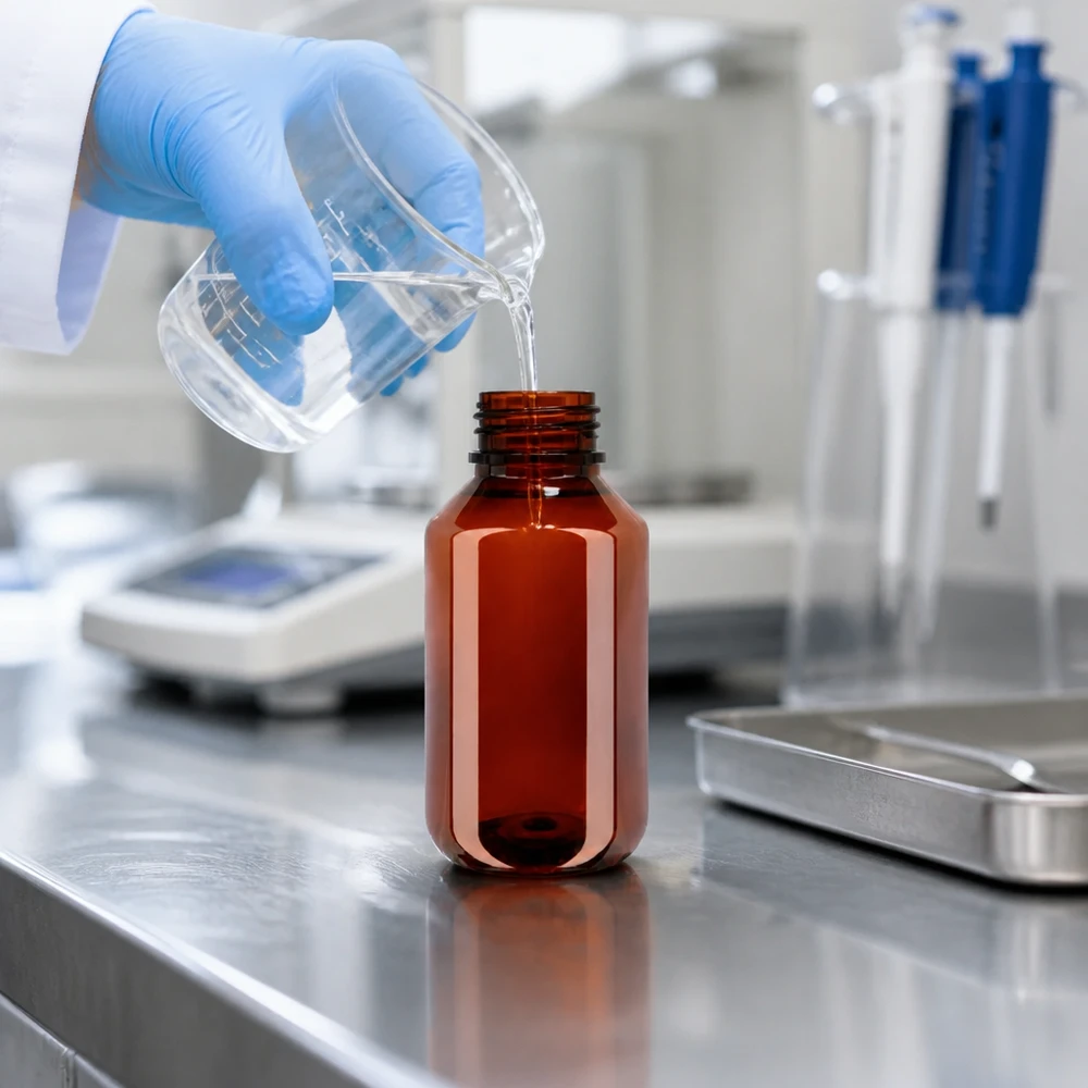 Ręczne napełnianie brązowej butelki PET o pojemności 100 ml w laboratorium przy użyciu rękawiczek ochronnych i miarki