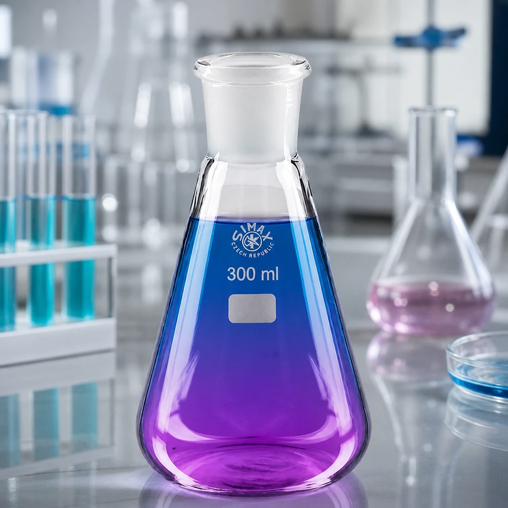 Kolba Erlenmeyera 300 ml z fioletową cieczą i standardowym szlifowanym złączem 29/32 do eksperymentów chemicznych