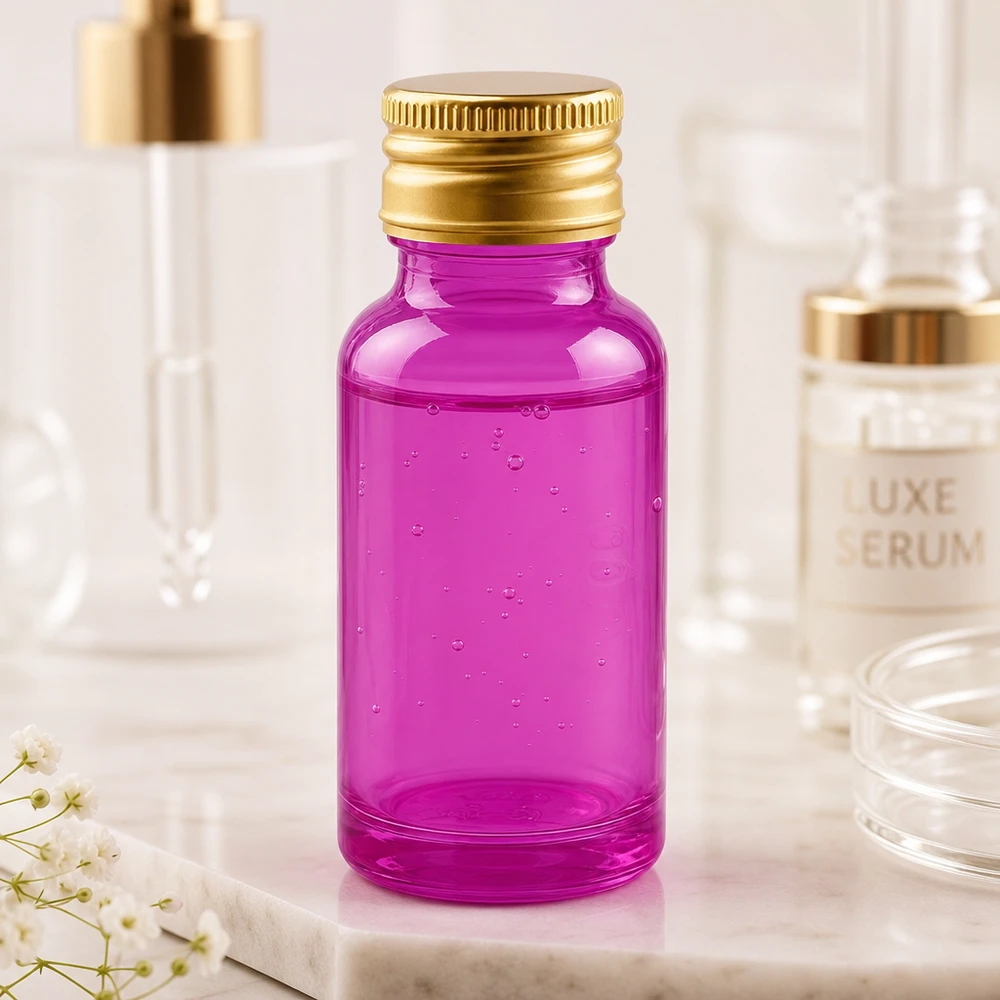 Butelka 20ml 11mm zakręcana aluminiowa złota standardowa PurpleLine. UT18/20 Wysokiej jakości szklana butelka o pojemności 20 ml w kolorze jasnofioletowym z elegancką złotą aluminiową zakrętką do luksusowych serum