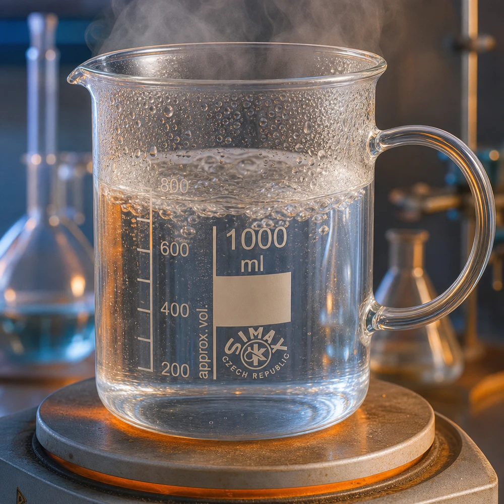 Woda gotująca się w szklanej zlewce o pojemności 1000 ml z uchwytem, umieszczonej na płycie grzejnej w laboratorium