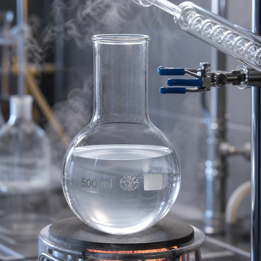 Kolba okrągłodenna 500 ml z szeroką szyjką na płycie grzewczej z zestawem laboratoryjnym do syntezy i reakcji chemicznych