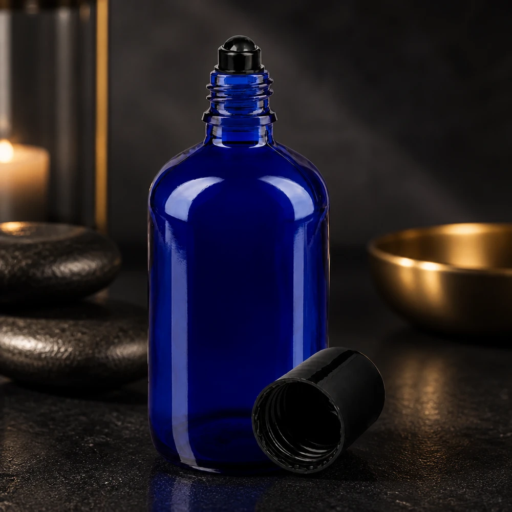 Kobaltowo-niebieska buteleczka apteczna o pojemności 100 ml z czarną nakładką typu roll-on i zakrętką