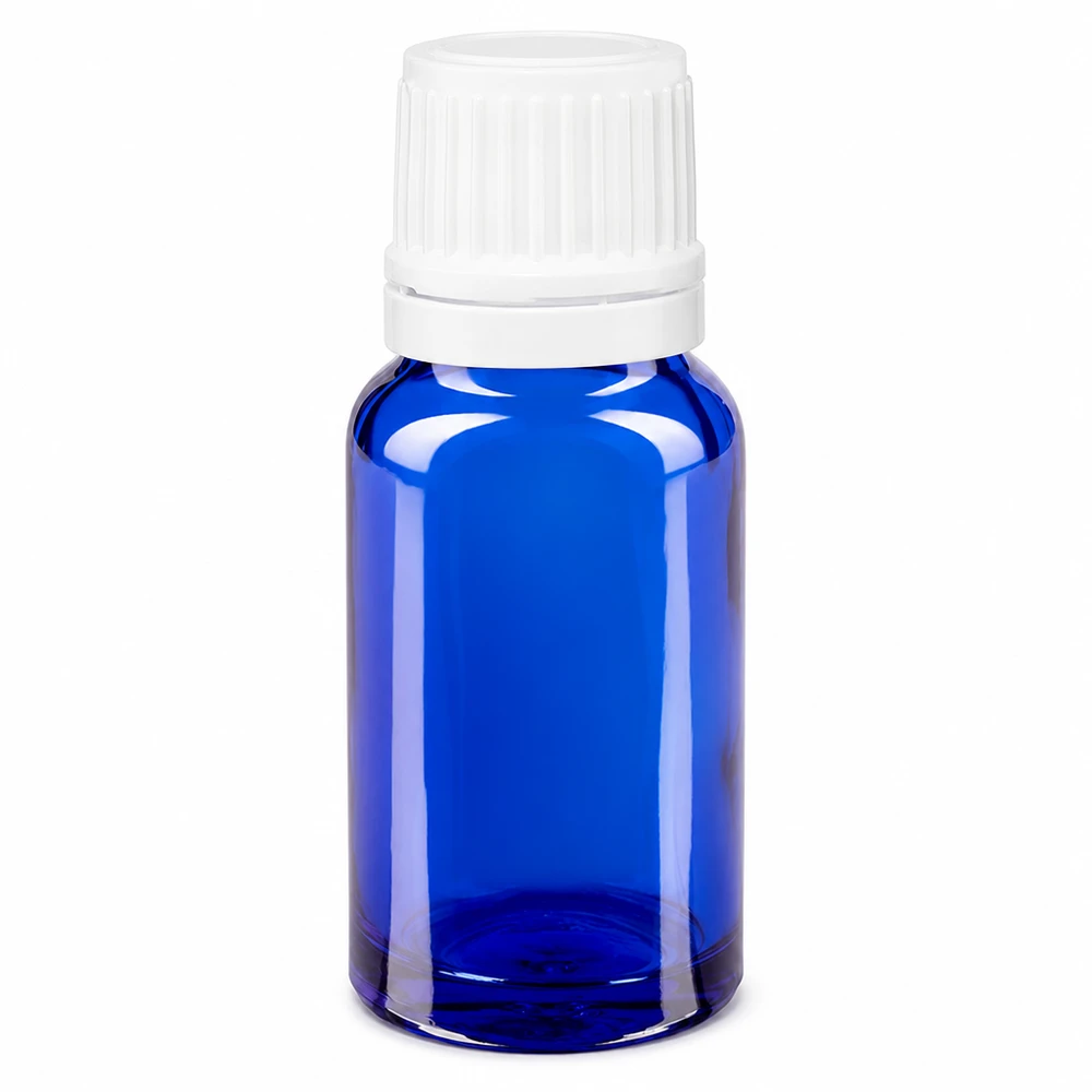10 ml niebieska szklana buteleczka apteczna z białym zamknięciem zabezpieczającym oraz wkładem kroplomierzem o średnicy 0,7 mm