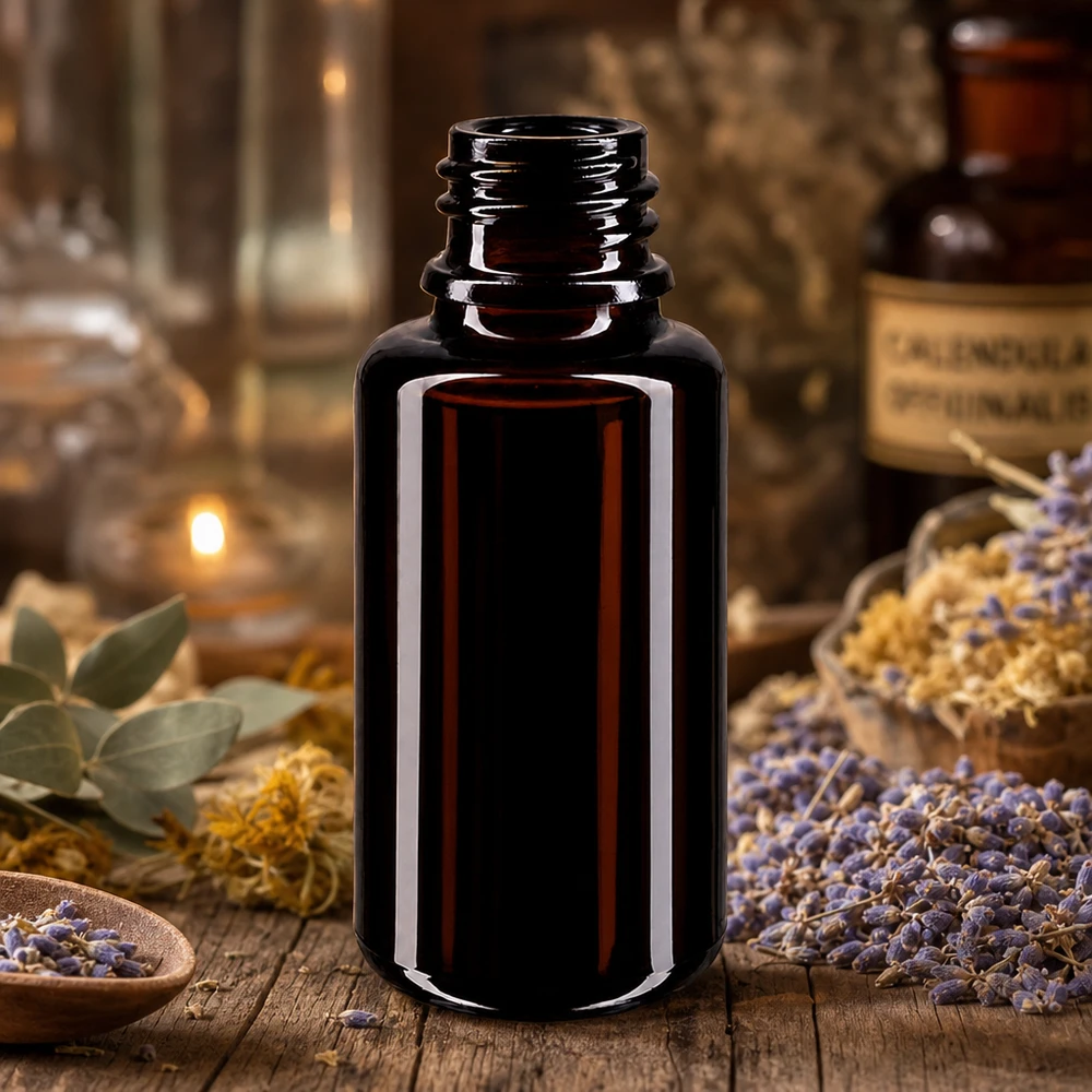Butelka z fioletowego szkła 20ml DIN 18 (Mironglas) Poręczna butelka z zakraplaczem o pojemności 20 ml wykonana z chroniącego przed światłem fioletowego szkła Miron do podróży