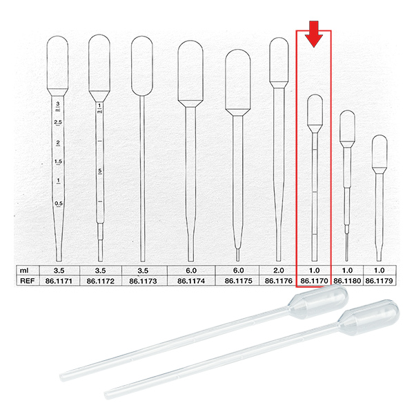Pipeta transferowa, objętość nominalna: 1 ml, (dł. x szer.): 115 x 10 mm, materiał: LD-PE, przezroczysta, wielkość kropli: 40 µl - 50 µl, podziałka wstrzykiwania do 0,3 ml, 500 sztuk/karton Pipeta transferowa, objętość nominalna: 1 ml, (dł. x szer.): 115 x 10 mm, materiał: LD-PE, przezroczysta, wielkość kropli: 40 µl - 50 µl, podziałka wstrzykiwania do 0,3 ml, 500 sztuk/karton